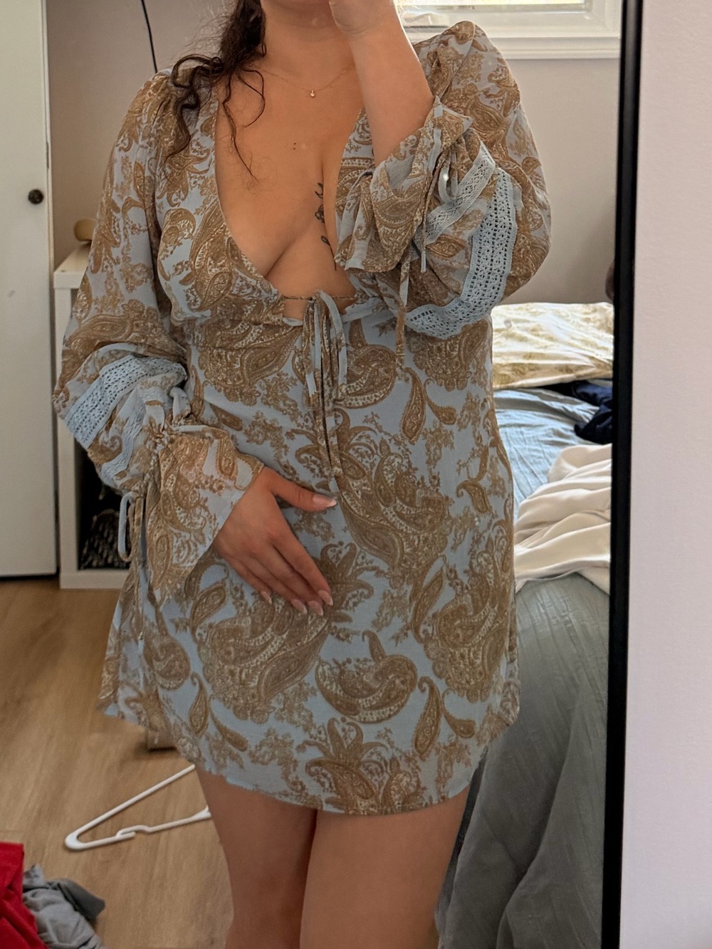 Urban Outfitters Light Blue and Tan Paisley V-Neck Mini Dress